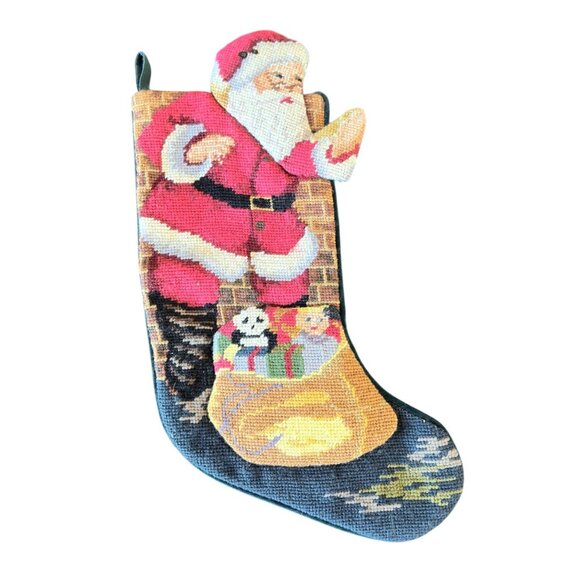 VTG Christmas Stocking Needlepoint Santa With Toys Velvet Back 17" - Picture 1 of 4